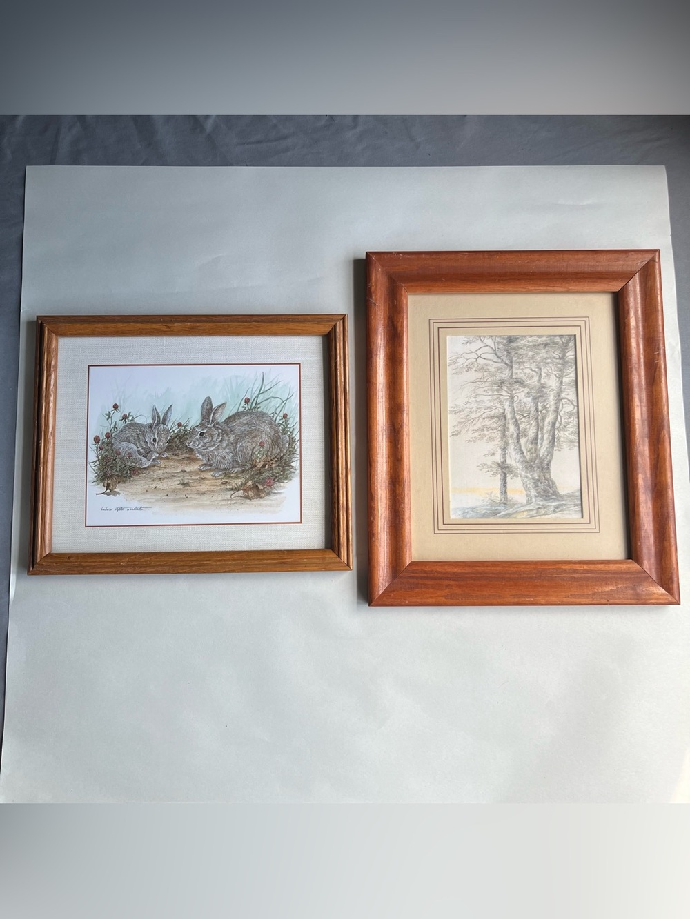 Vintage Medium Tone Wood Picture Photo Frames w/ Fine Art Prints-Set of 2